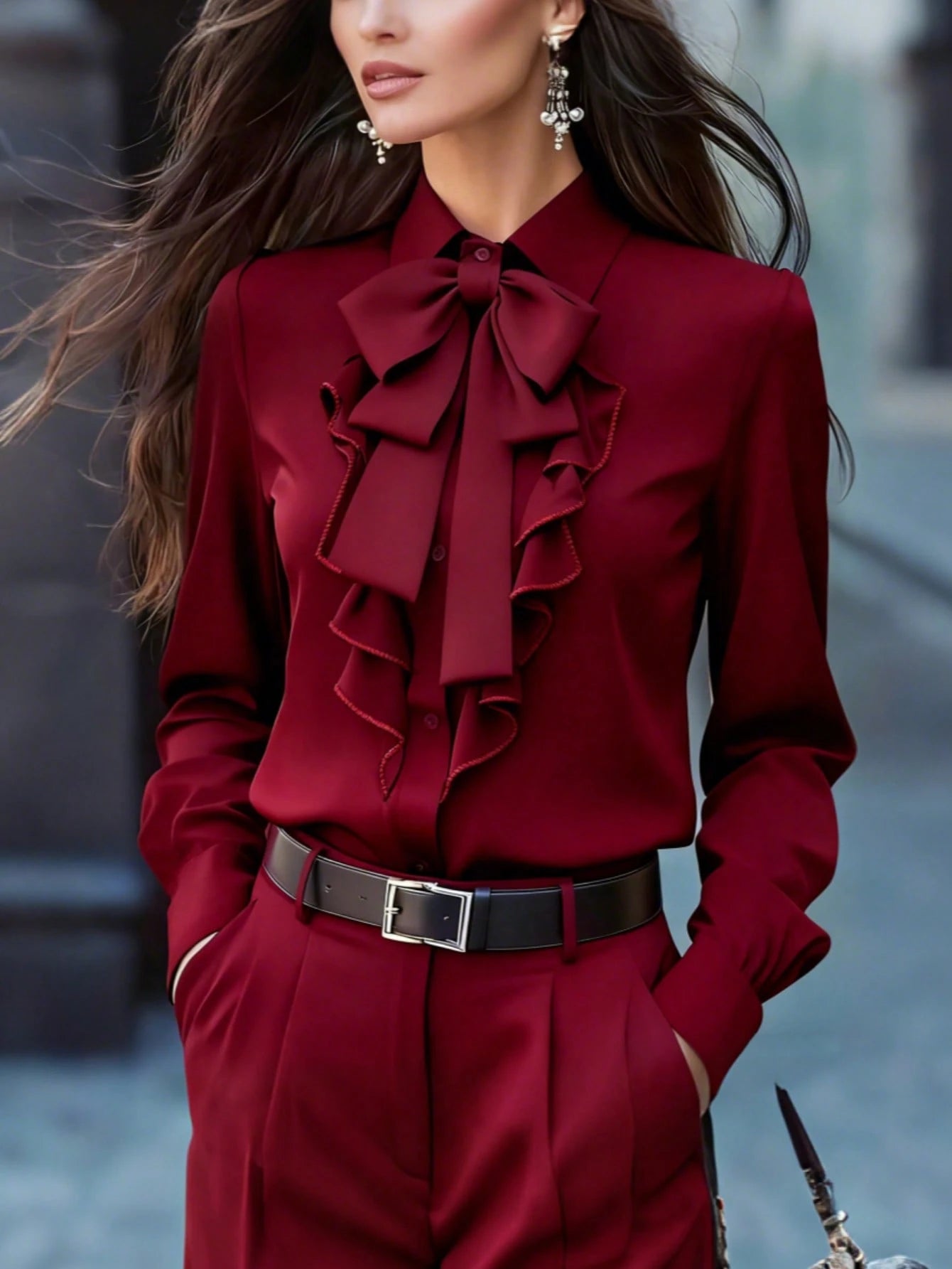 Women's Elegant Long Sleeve Blouse, Wine Red With Tie Collar, Ruffle And Bow Details, Regular Fit Top, Suitable For Work, Spring, Autumn