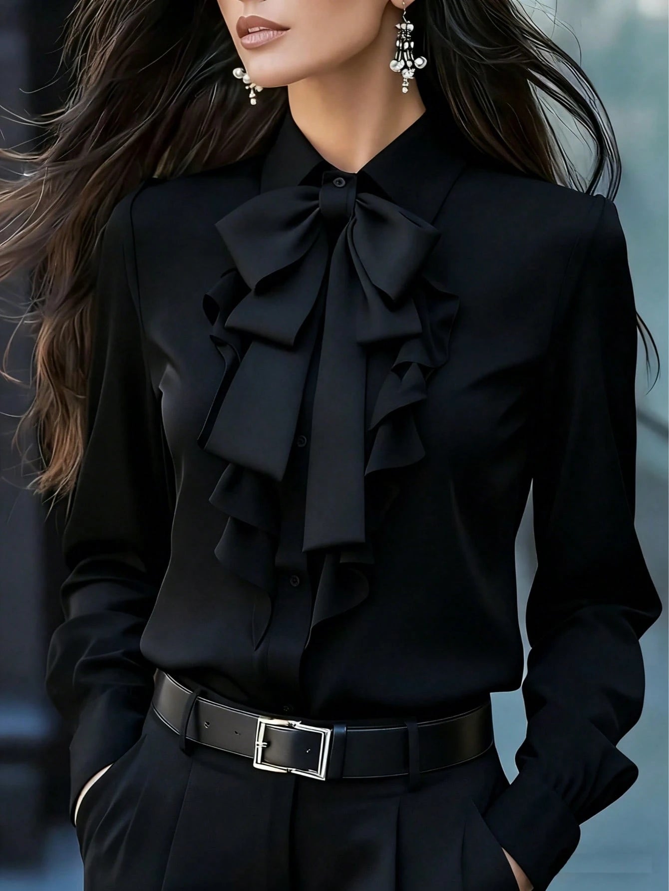 Women's Elegant Long Sleeve Blouse, Wine Red With Tie Collar, Ruffle And Bow Details, Regular Fit Top, Suitable For Work, Spring, Autumn