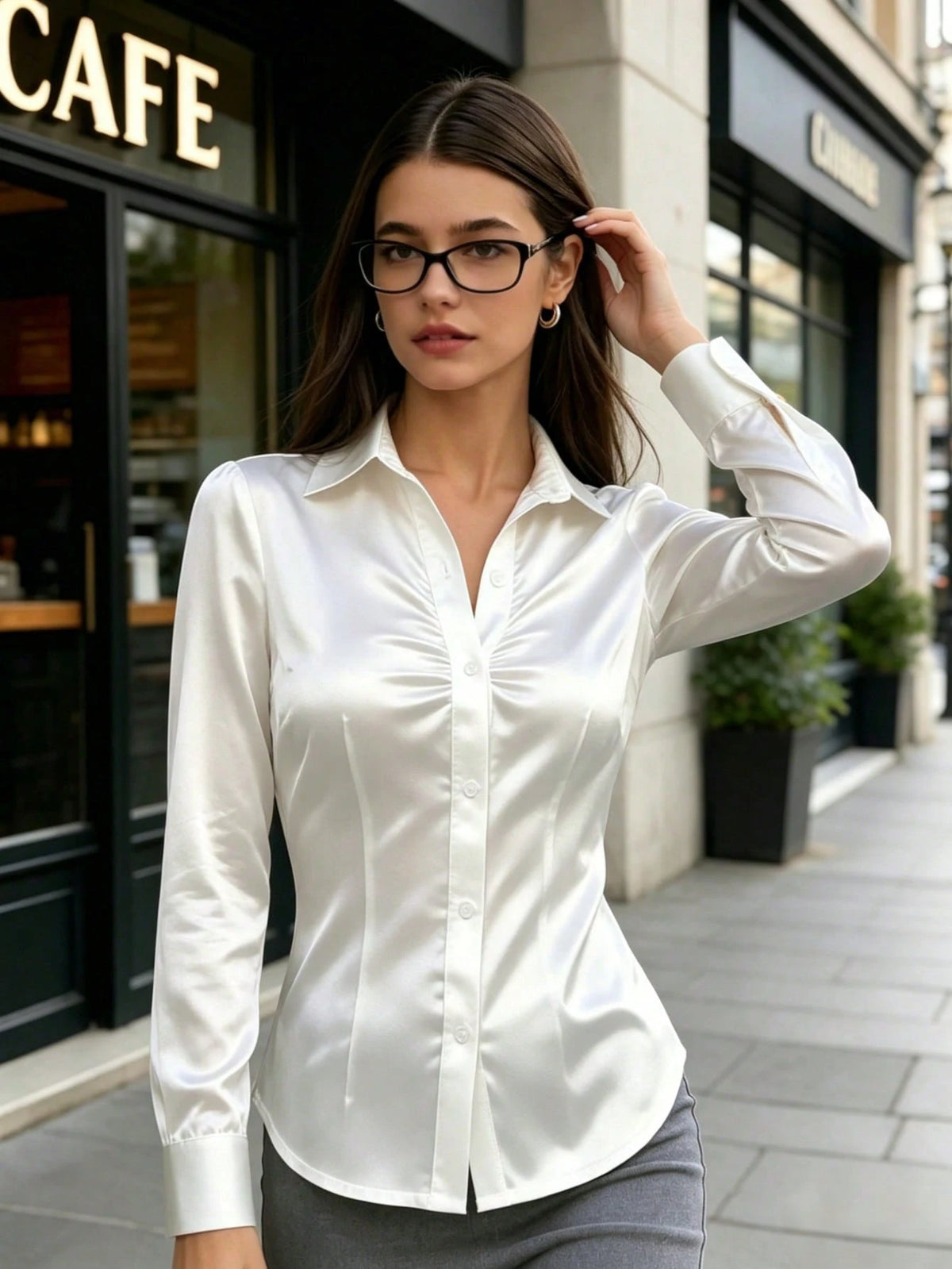 Women's Elegant Long Sleeve Satin Blouse, Solid Color, Suitable For All Seasons, Daily Commute, Office Wear And Back To School White
