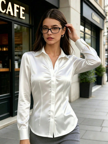 Women's Elegant Long Sleeve Satin Blouse, Solid Color, Suitable For All Seasons, Daily Commute, Office Wear And Back To School White