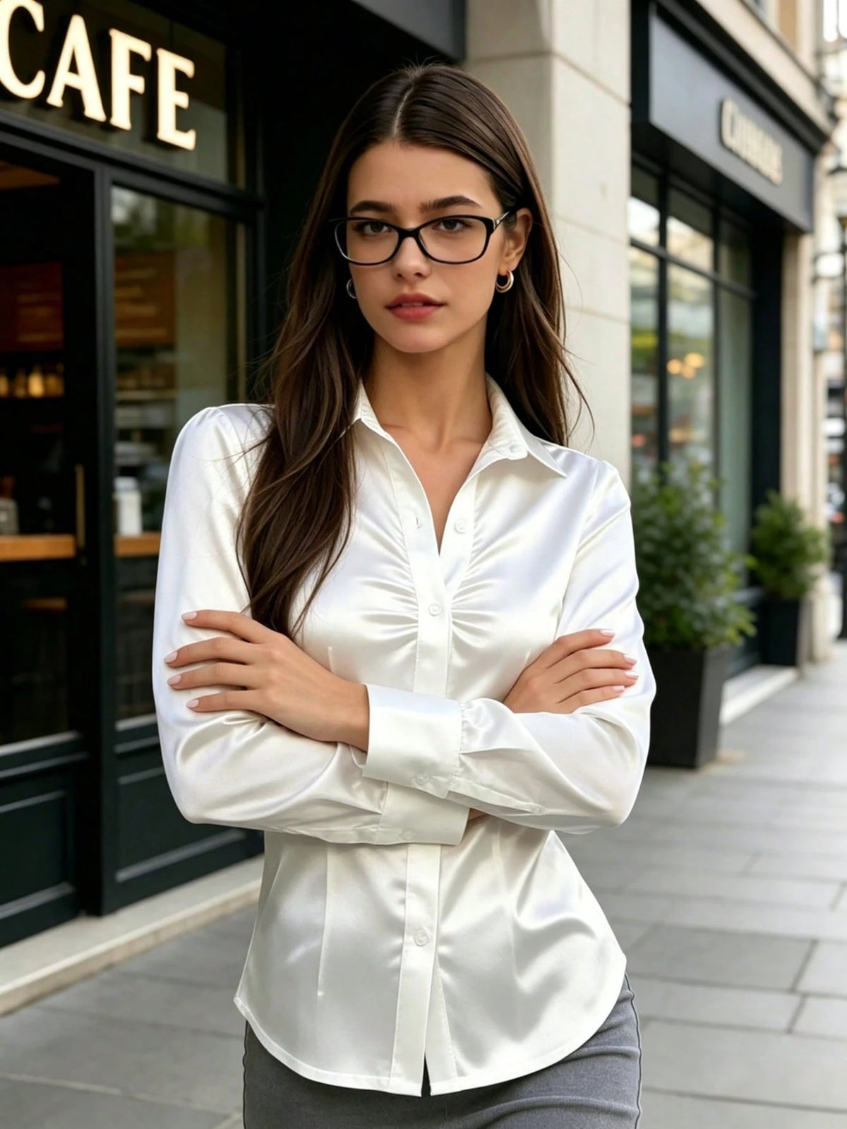 Women's Elegant Long Sleeve Satin Blouse, Solid Color, Suitable For All Seasons, Daily Commute, Office Wear And Back To School White