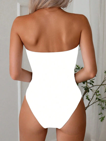 Women's Elegant One-Piece Sexy Bandeau Solid Color Swimsuit Summer