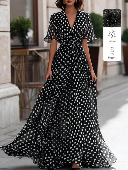 Women's Elegant Polka Dot Print Long Dress,Black Base With White Polka Dots V-Neck, Fitted At The Waist, A-Line Shape, Beach-Style Long Dress