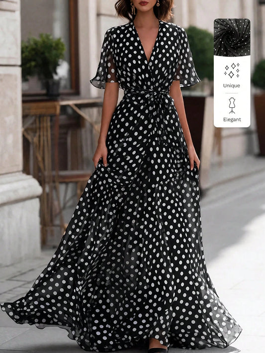 Women's Elegant Polka Dot Print Long Dress,Black Base With White Polka Dots V-Neck, Fitted At The Waist, A-Line Shape, Beach-Style Long Dress