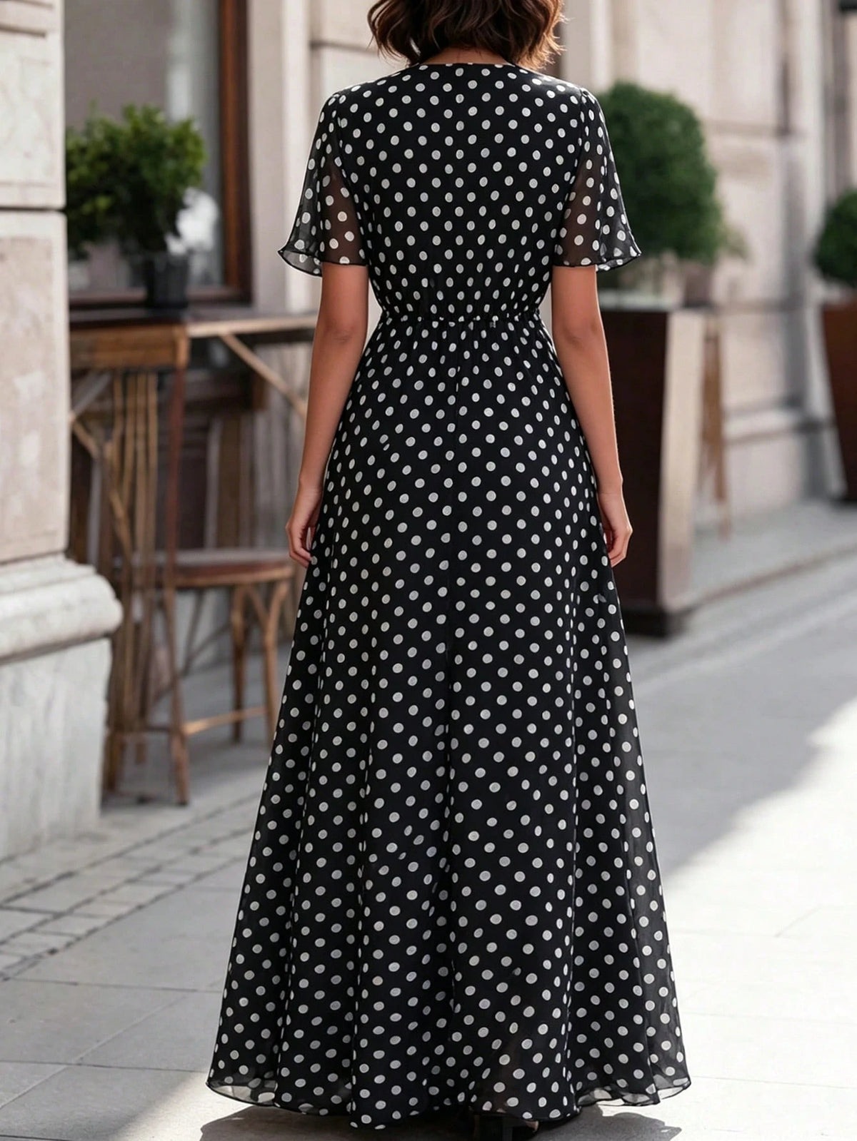 Women's Elegant Polka Dot Print Long Dress,Black Base With White Polka Dots V-Neck, Fitted At The Waist, A-Line Shape, Beach-Style Long Dress