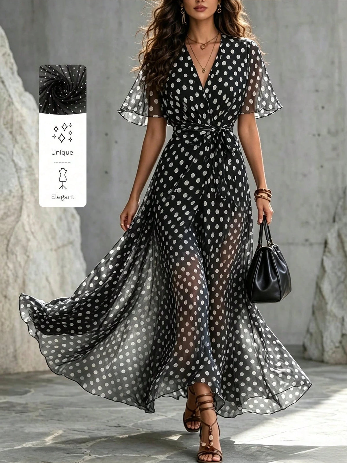 Women's Elegant Polka Dot Print Long Dress,Black Base With White Polka Dots V-Neck, Fitted At The Waist, A-Line Shape, Beach-Style Long Dress