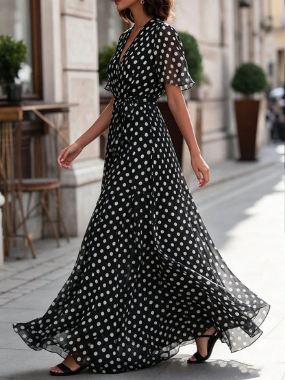 Women's Elegant Polka Dot Print Long Dress,Black Base With White Polka Dots V-Neck, Fitted At The Waist, A-Line Shape, Beach-Style Long Dress