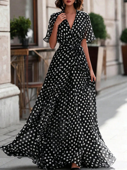Women's Elegant Polka Dot Print Long Dress,Black Base With White Polka Dots V-Neck, Fitted At The Waist, A-Line Shape, Beach-Style Long Dress