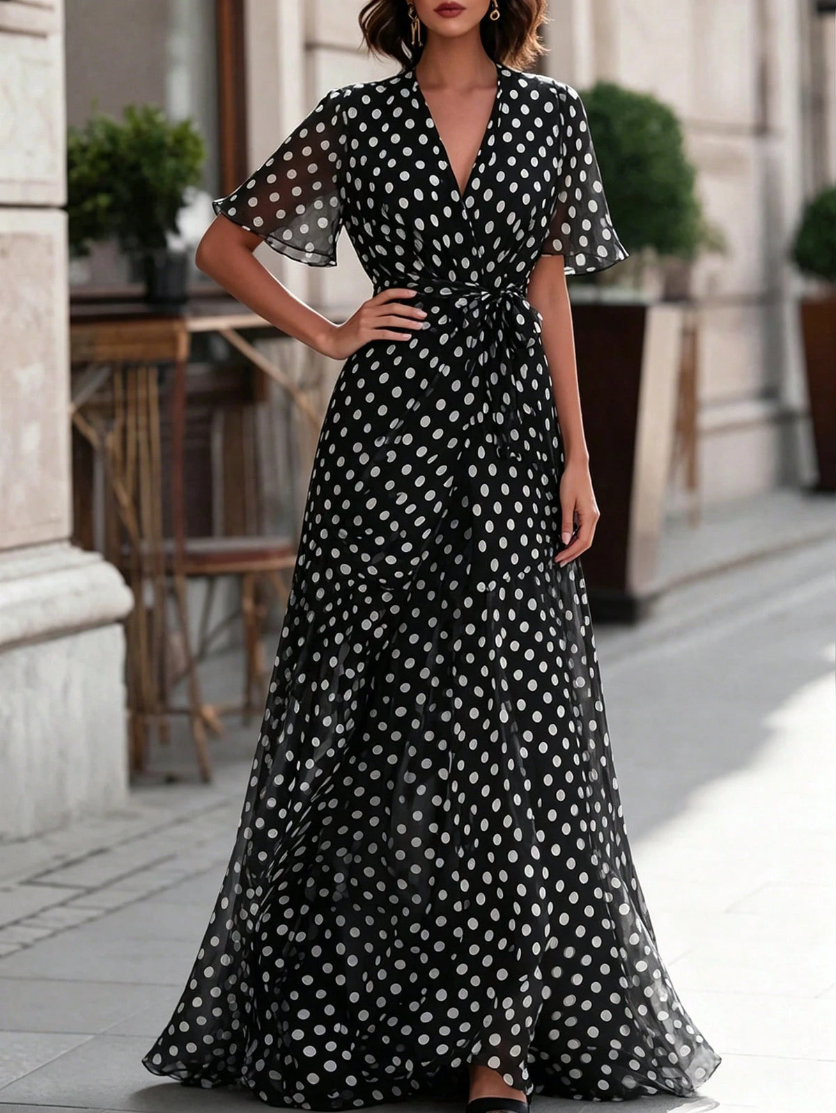 Women's Elegant Polka Dot Print Long Dress,Black Base With White Polka Dots V-Neck, Fitted At The Waist, A-Line Shape, Beach-Style Long Dress