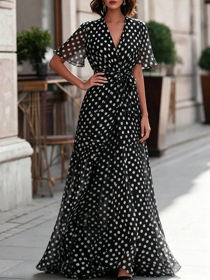 Women's Elegant Polka Dot Print Long Dress,Black Base With White Polka Dots V-Neck, Fitted At The Waist, A-Line Shape, Beach-Style Long Dress