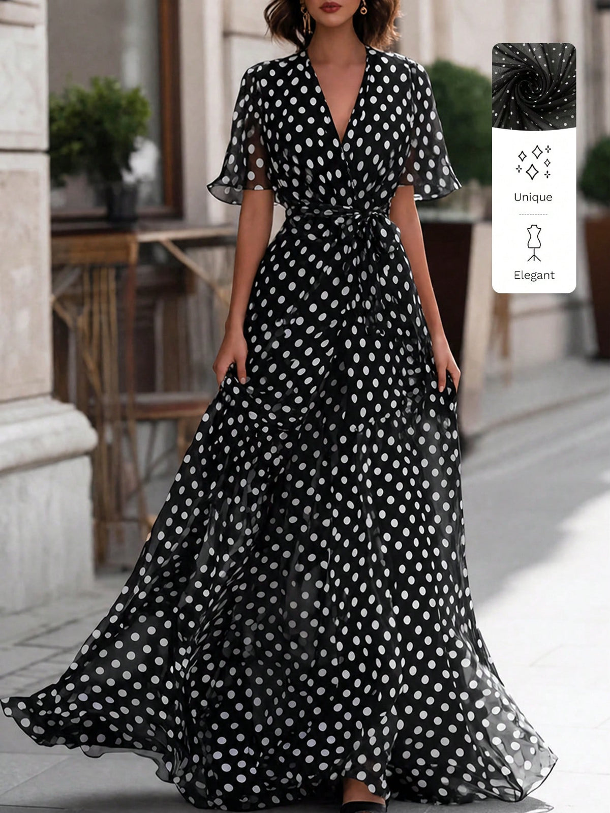Women's Elegant Polka Dot Print Long Dress,Black Base With White Polka Dots V-Neck, Fitted At The Waist, A-Line Shape, Beach-Style Long Dress