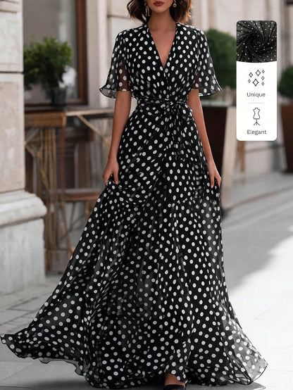 Women's Elegant Polka Dot Print Long Dress,Black Base With White Polka Dots V-Neck, Fitted At The Waist, A-Line Shape, Beach-Style Long Dress