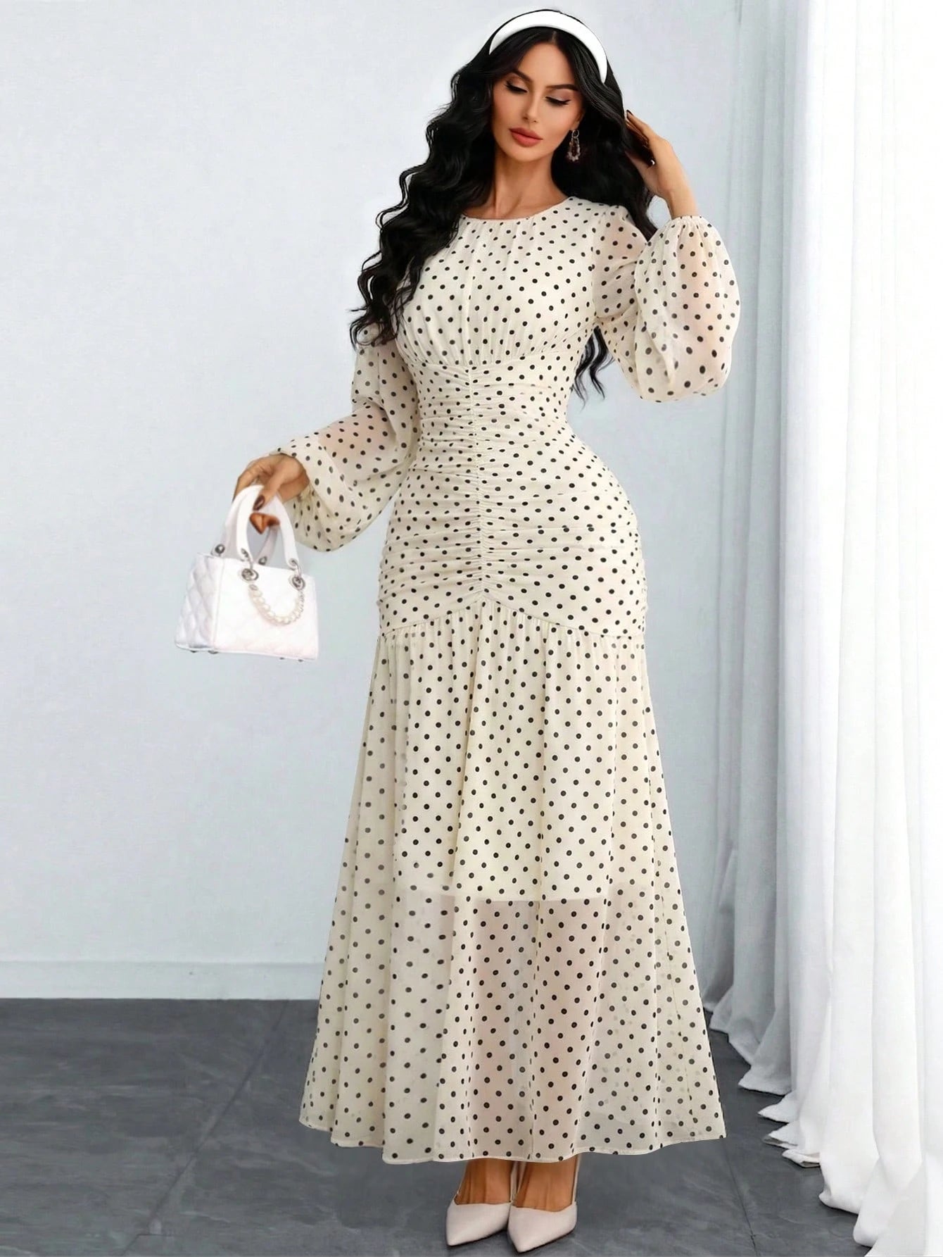 Women's Elegant Sexy Romantic Retro Ruched Abstract Print Mesh Sheer Double-Layer Lantern Sleeve Bodycon Dress, Suitable For Festivals, Holidays, Dates And Daily Wear Vacation Spring