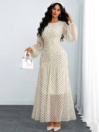Women's Elegant Sexy Romantic Retro Ruched Abstract Print Mesh Sheer Double-Layer Lantern Sleeve Bodycon Dress, Suitable For Festivals, Holidays, Dates And Daily Wear Vacation Spring