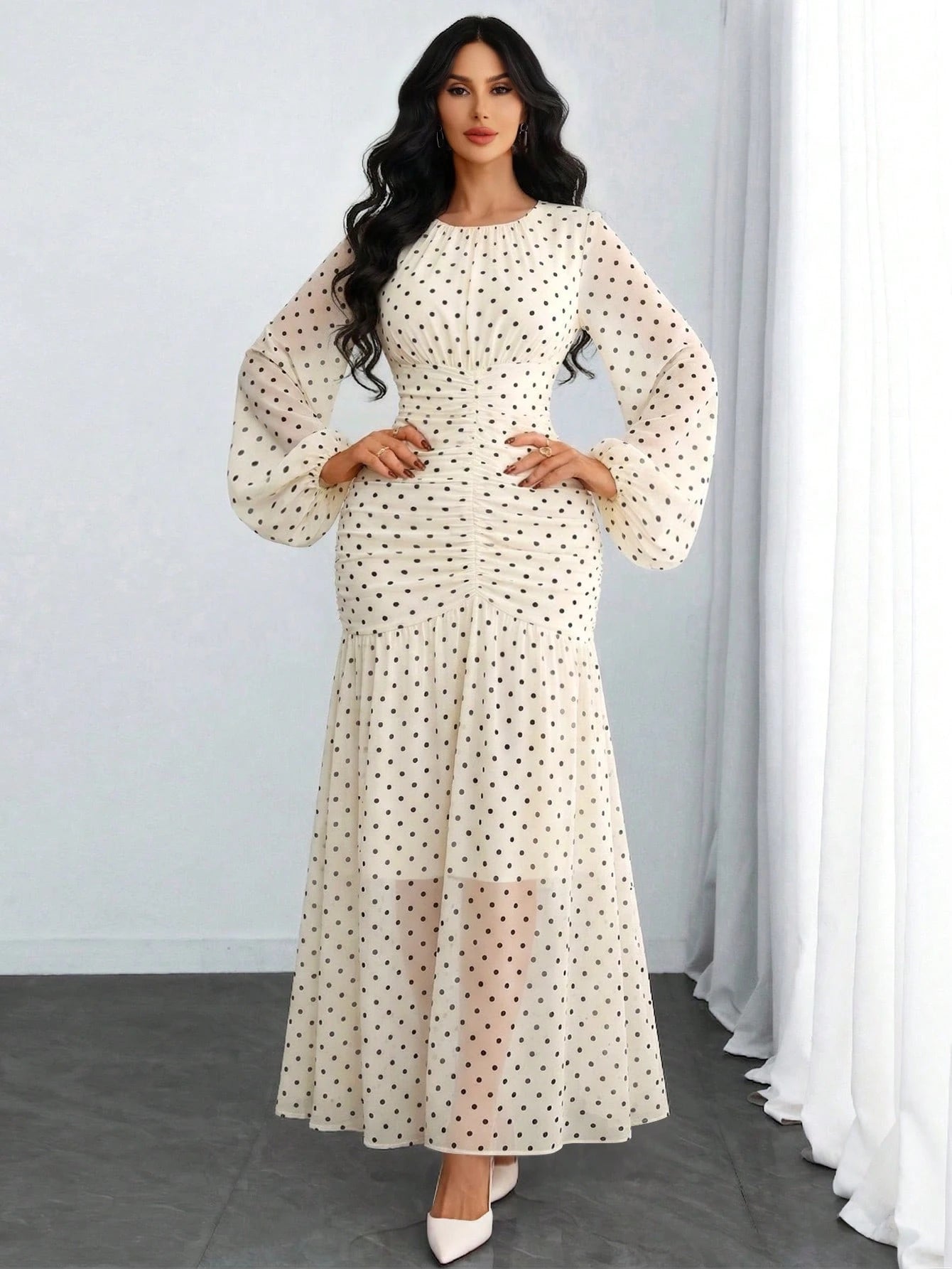 Women's Elegant Sexy Romantic Retro Ruched Abstract Print Mesh Sheer Double-Layer Lantern Sleeve Bodycon Dress, Suitable For Festivals, Holidays, Dates And Daily Wear Vacation Spring