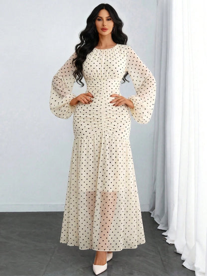 Women's Elegant Sexy Romantic Retro Ruched Abstract Print Mesh Sheer Double-Layer Lantern Sleeve Bodycon Dress, Suitable For Festivals, Holidays, Dates And Daily Wear Vacation Spring