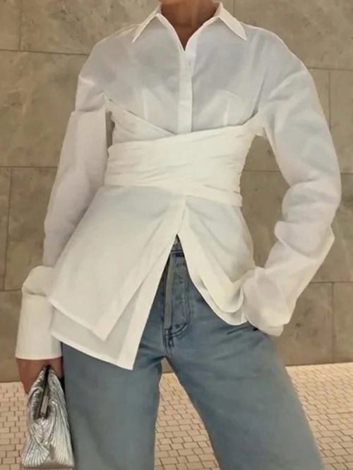 Women's Elegant Solid Color Collared Slim Waist Long Sleeve Blouse For Office Wear, Polyester Material With Buttons White Spring