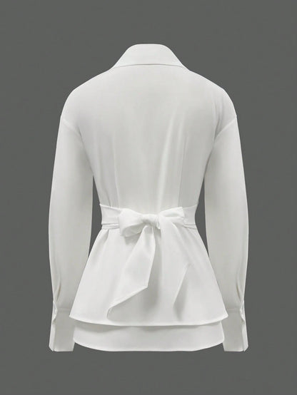 Women's Elegant Solid Color Collared Slim Waist Long Sleeve Blouse For Office Wear, Polyester Material With Buttons White Spring