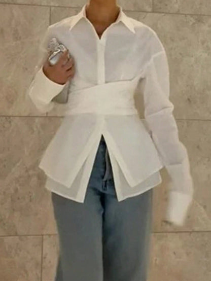 Women's Elegant Solid Color Collared Slim Waist Long Sleeve Blouse For Office Wear, Polyester Material With Buttons White Spring