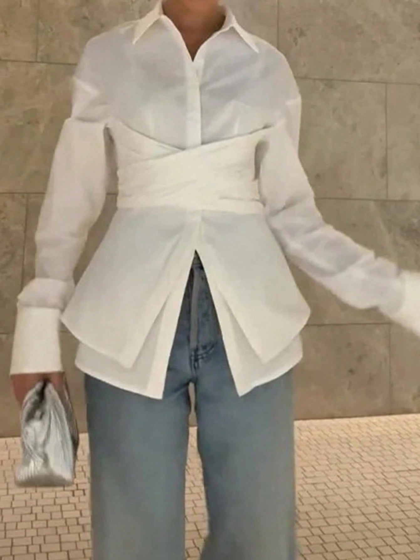 Women's Elegant Solid Color Collared Slim Waist Long Sleeve Blouse For Office Wear, Polyester Material With Buttons White Spring
