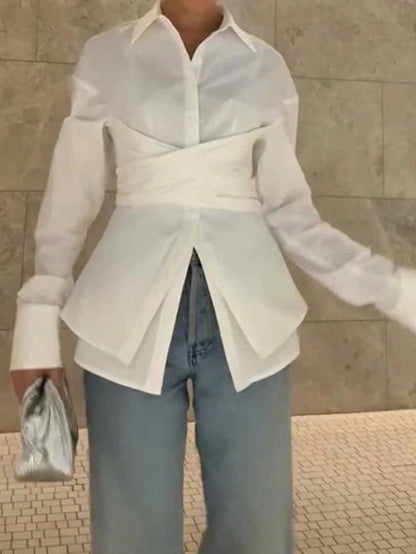 Women's Elegant Solid Color Collared Slim Waist Long Sleeve Blouse For Office Wear, Polyester Material With Buttons White Spring