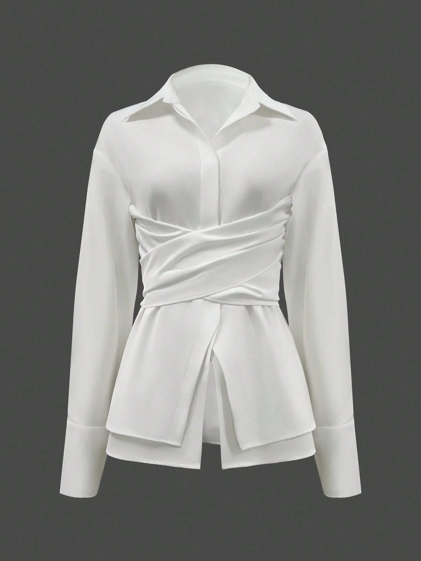 Women's Elegant Solid Color Collared Slim Waist Long Sleeve Blouse For Office Wear, Polyester Material With Buttons White Spring