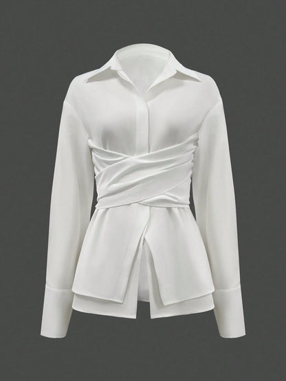 Women's Elegant Solid Color Collared Slim Waist Long Sleeve Blouse For Office Wear, Polyester Material With Buttons White Spring