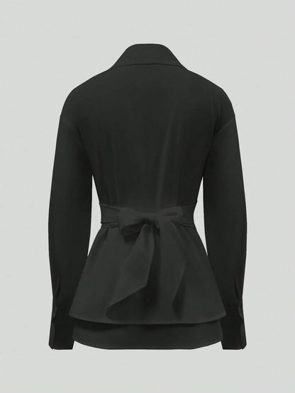 Women's Elegant Solid Color Collared Slim Waist Long Sleeve Blouse For Office Wear, Polyester Material With Buttons White Spring