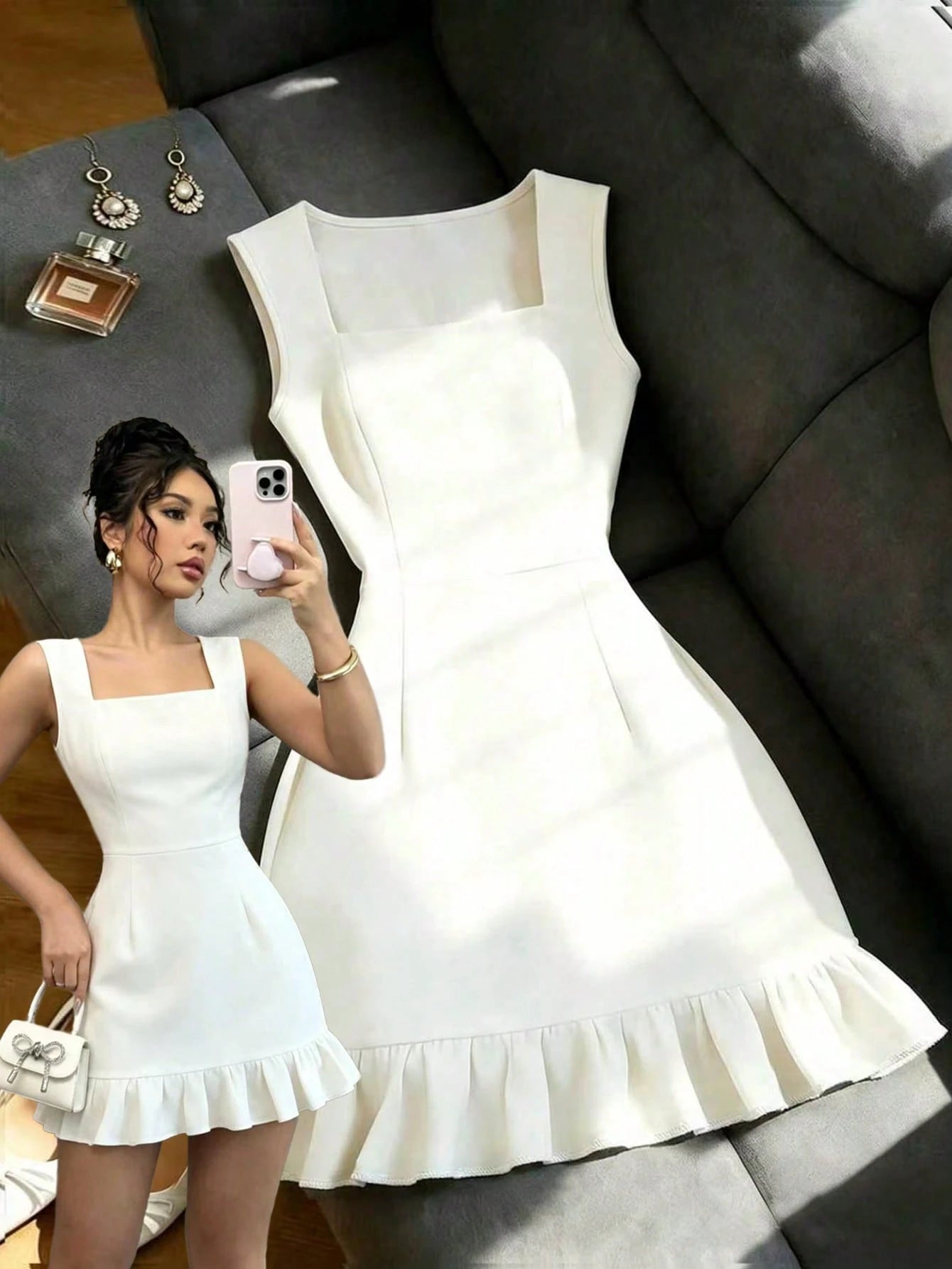 Women's Elegant Square Neck Sleeveless White Ruched Ruffle Hem Fashion Dress
