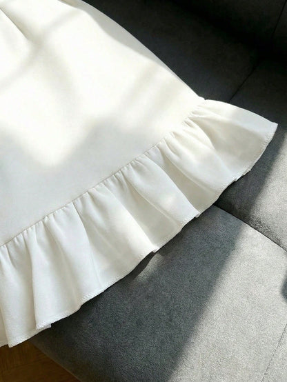 Women's Elegant Square Neck Sleeveless White Ruched Ruffle Hem Fashion Dress