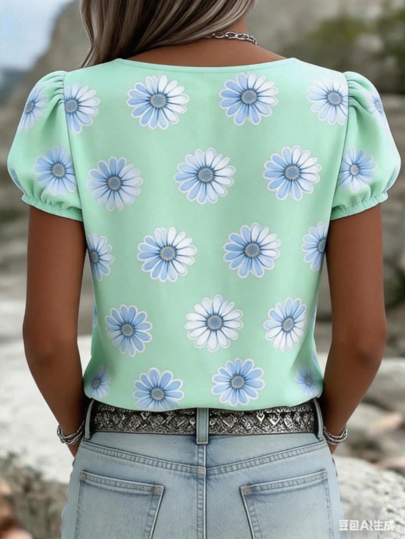 Women's Elegant V-Neck Puff Sleeve Blouse, Vintage Bohemian Casual Fashion, Loose Vacation Top Summer