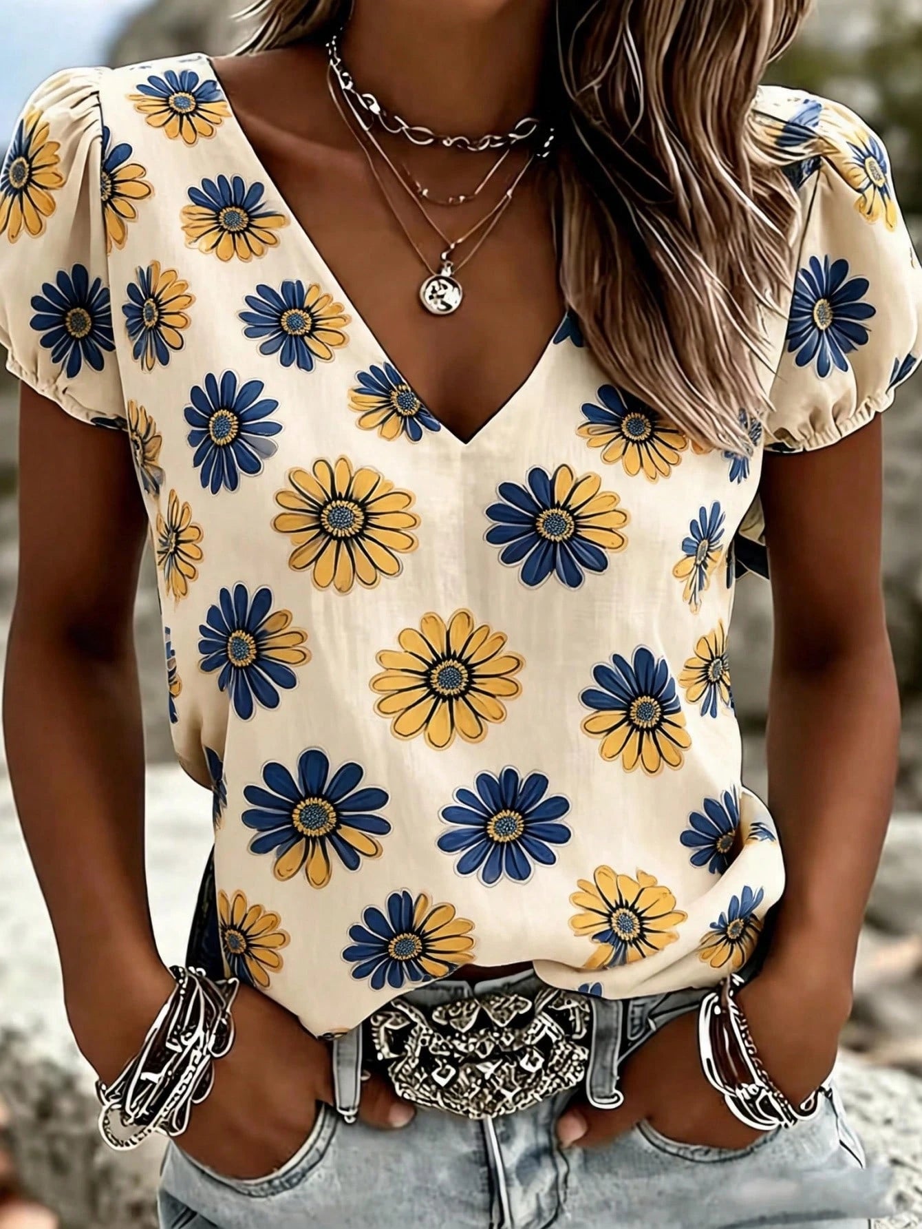 Women's Elegant V-Neck Puff Sleeve Blouse, Vintage Bohemian Casual Fashion, Loose Vacation Top Summer