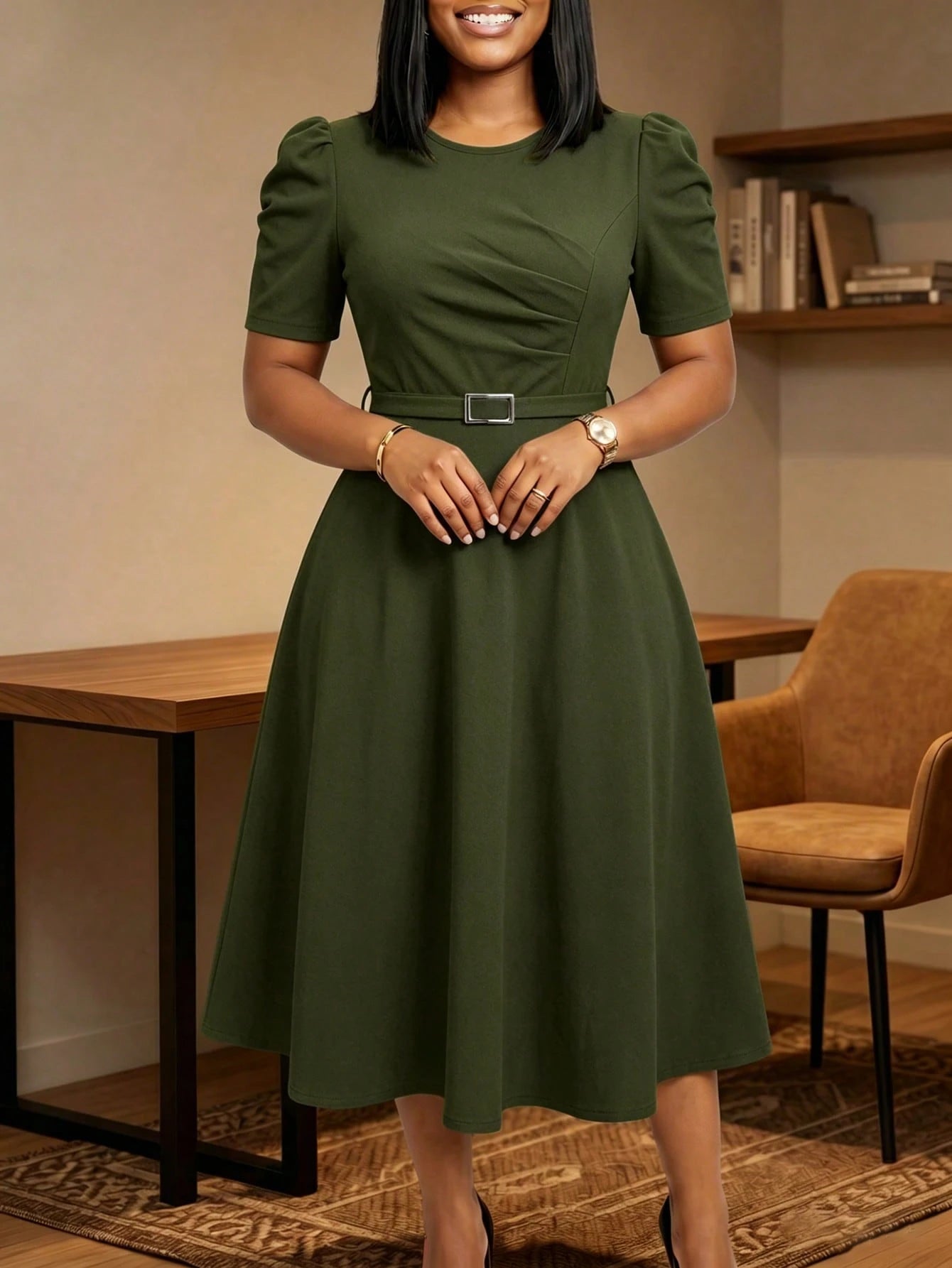 Women's Elegant V-Neck Ruffle Hem Solid Color Dress, Asymmetric/Irregular Midi Dress For Elegant Occasions, Office, Daily Wear, Spring/Summer