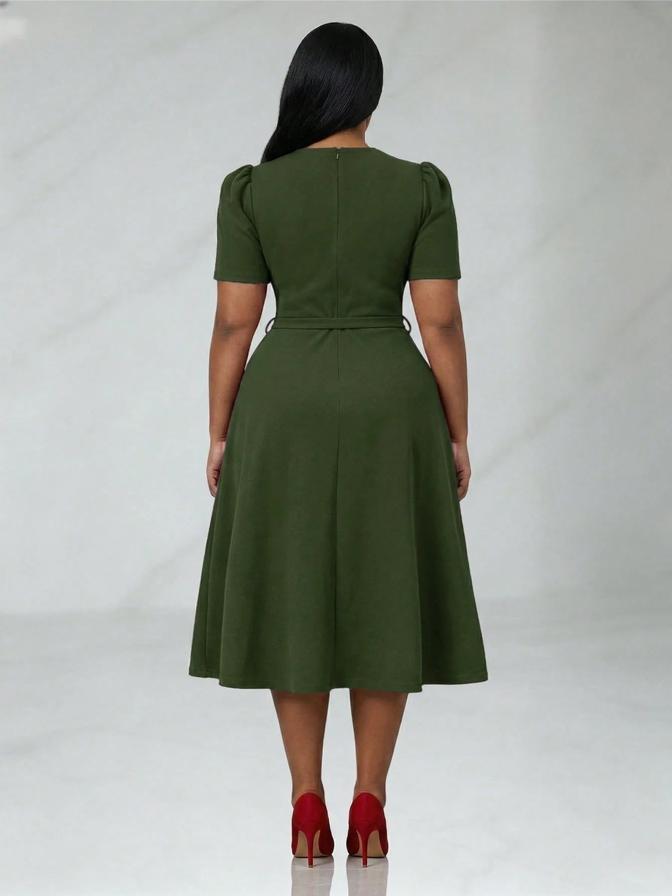Women's Elegant V-Neck Ruffle Hem Solid Color Dress, Asymmetric/Irregular Midi Dress For Elegant Occasions, Office, Daily Wear, Spring/Summer