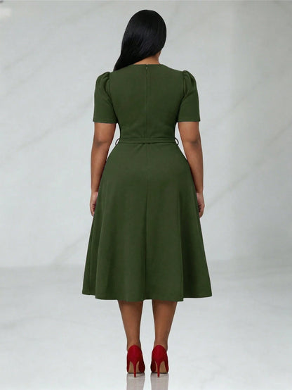 Women's Elegant V-Neck Ruffle Hem Solid Color Dress, Asymmetric/Irregular Midi Dress For Elegant Occasions, Office, Daily Wear, Spring/Summer