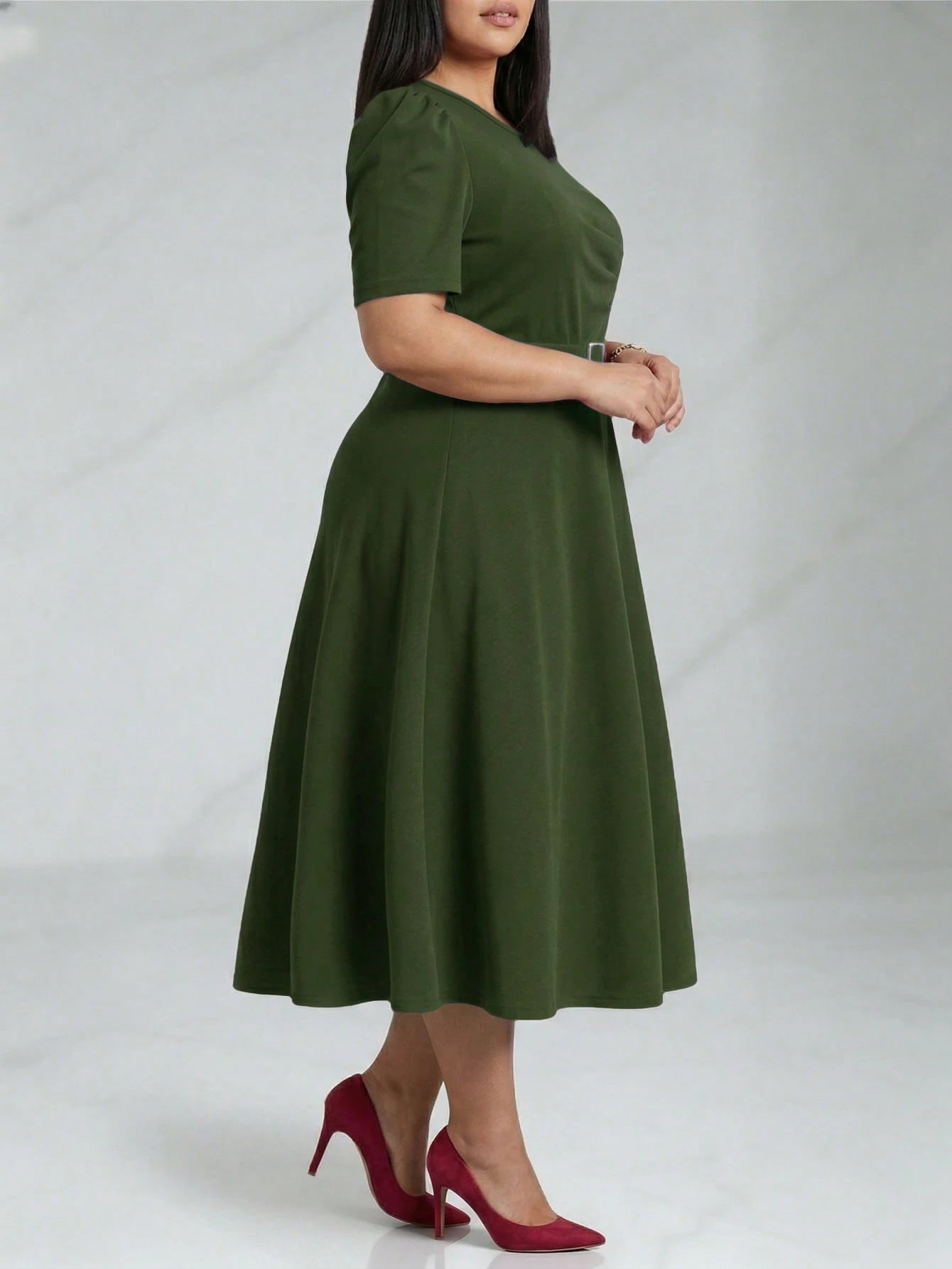 Women's Elegant V-Neck Ruffle Hem Solid Color Dress, Asymmetric/Irregular Midi Dress For Elegant Occasions, Office, Daily Wear, Spring/Summer