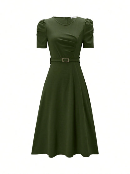 Women's Elegant V-Neck Ruffle Hem Solid Color Dress, Asymmetric/Irregular Midi Dress For Elegant Occasions, Office, Daily Wear, Spring/Summer