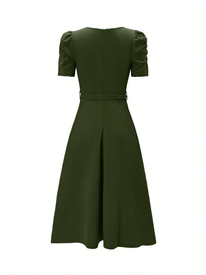 Women's Elegant V-Neck Ruffle Hem Solid Color Dress, Asymmetric/Irregular Midi Dress For Elegant Occasions, Office, Daily Wear, Spring/Summer