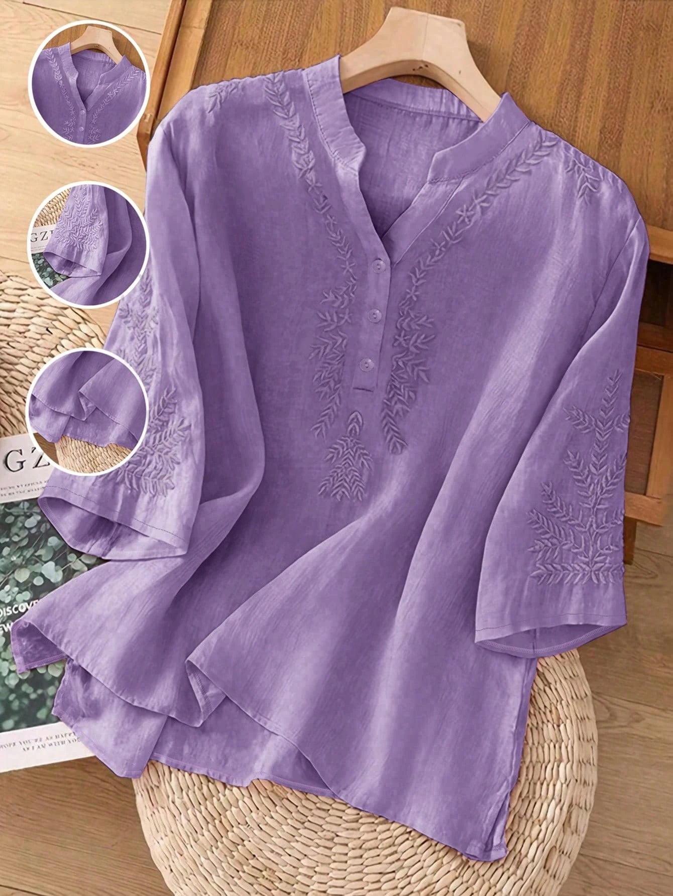 Women's Elegant Vintage Casual Artistic Embroidered Shirt, Solid Color Non-Positioned Embroidery Loose Casual Linen Boho Blouse Summer