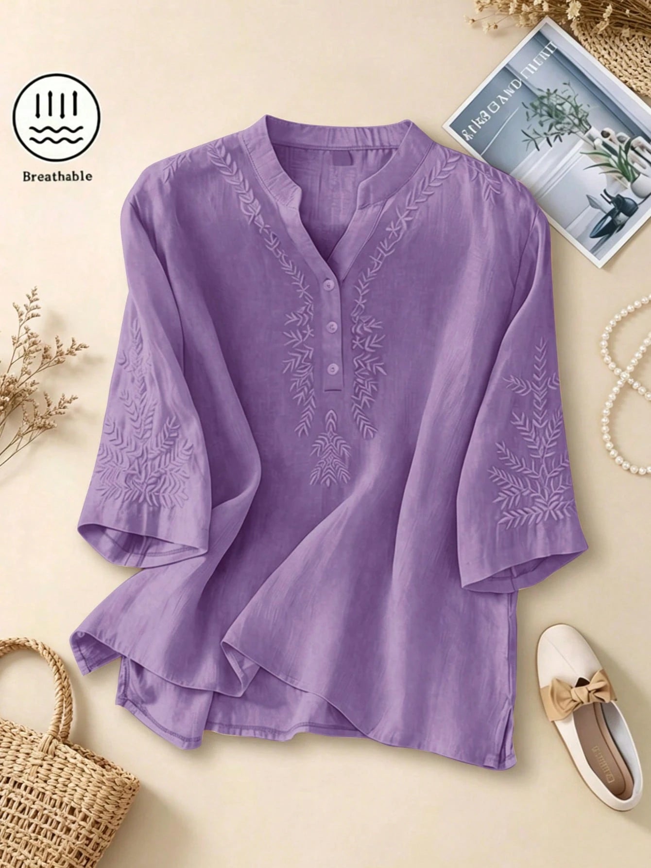 Women's Elegant Vintage Casual Artistic Embroidered Shirt, Solid Color Non-Positioned Embroidery Loose Casual Linen Boho Blouse Summer