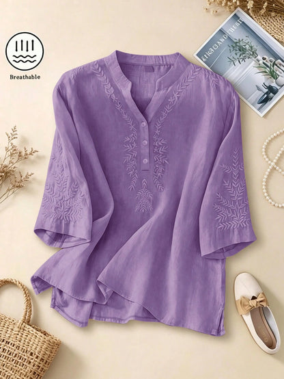 Women's Elegant Vintage Casual Artistic Embroidered Shirt, Solid Color Non-Positioned Embroidery Loose Casual Linen Boho Blouse Summer