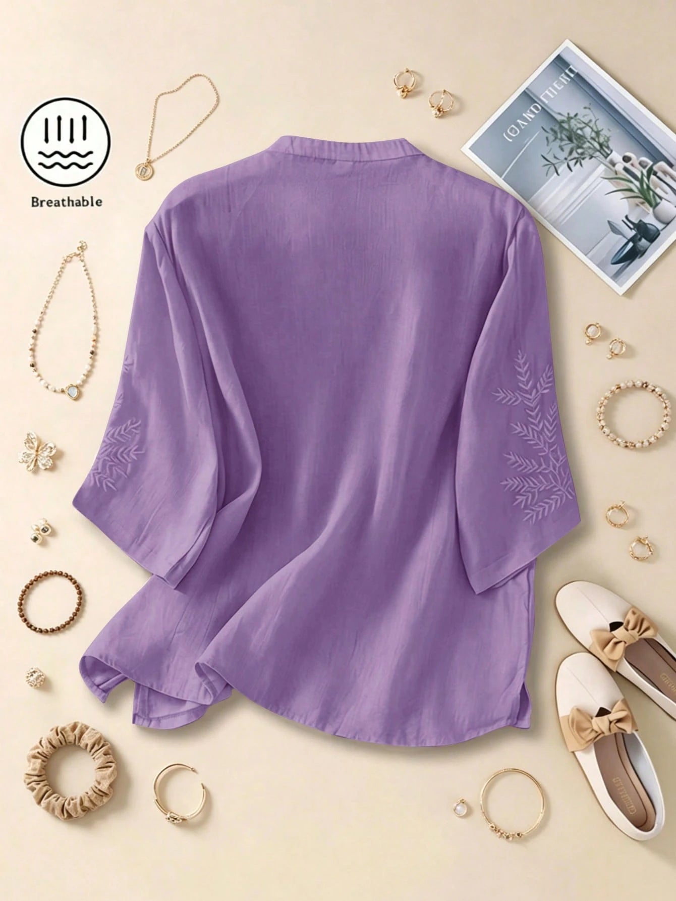 Women's Elegant Vintage Casual Artistic Embroidered Shirt, Solid Color Non-Positioned Embroidery Loose Casual Linen Boho Blouse Summer