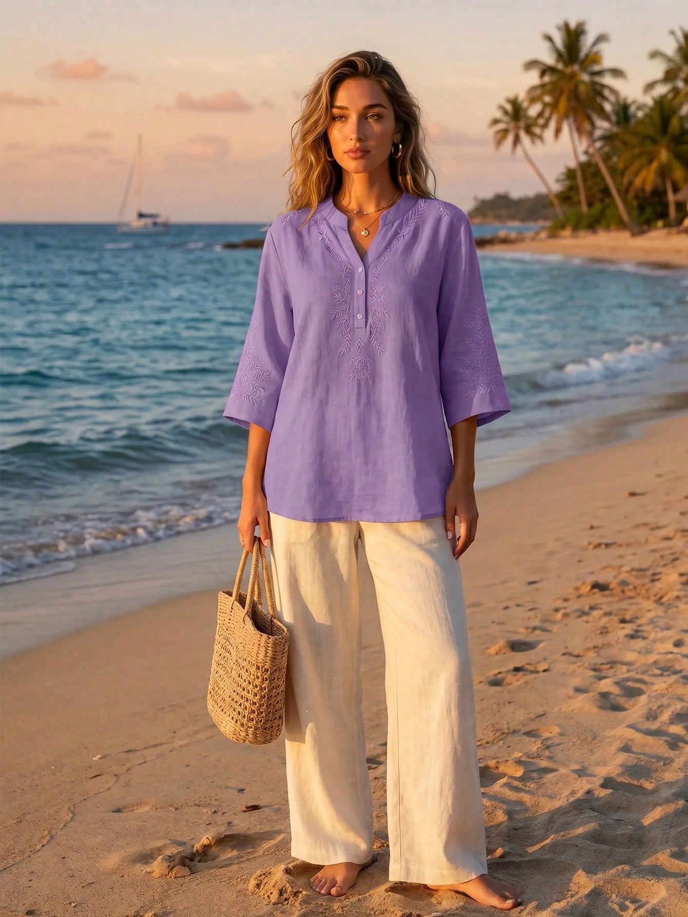 Women's Elegant Vintage Casual Artistic Embroidered Shirt, Solid Color Non-Positioned Embroidery Loose Casual Linen Boho Blouse Summer