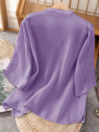 Women's Elegant Vintage Casual Artistic Embroidered Shirt, Solid Color Non-Positioned Embroidery Loose Casual Linen Boho Blouse Summer
