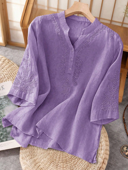 Women's Elegant Vintage Casual Artistic Embroidered Shirt, Solid Color Non-Positioned Embroidery Loose Casual Linen Boho Blouse Summer
