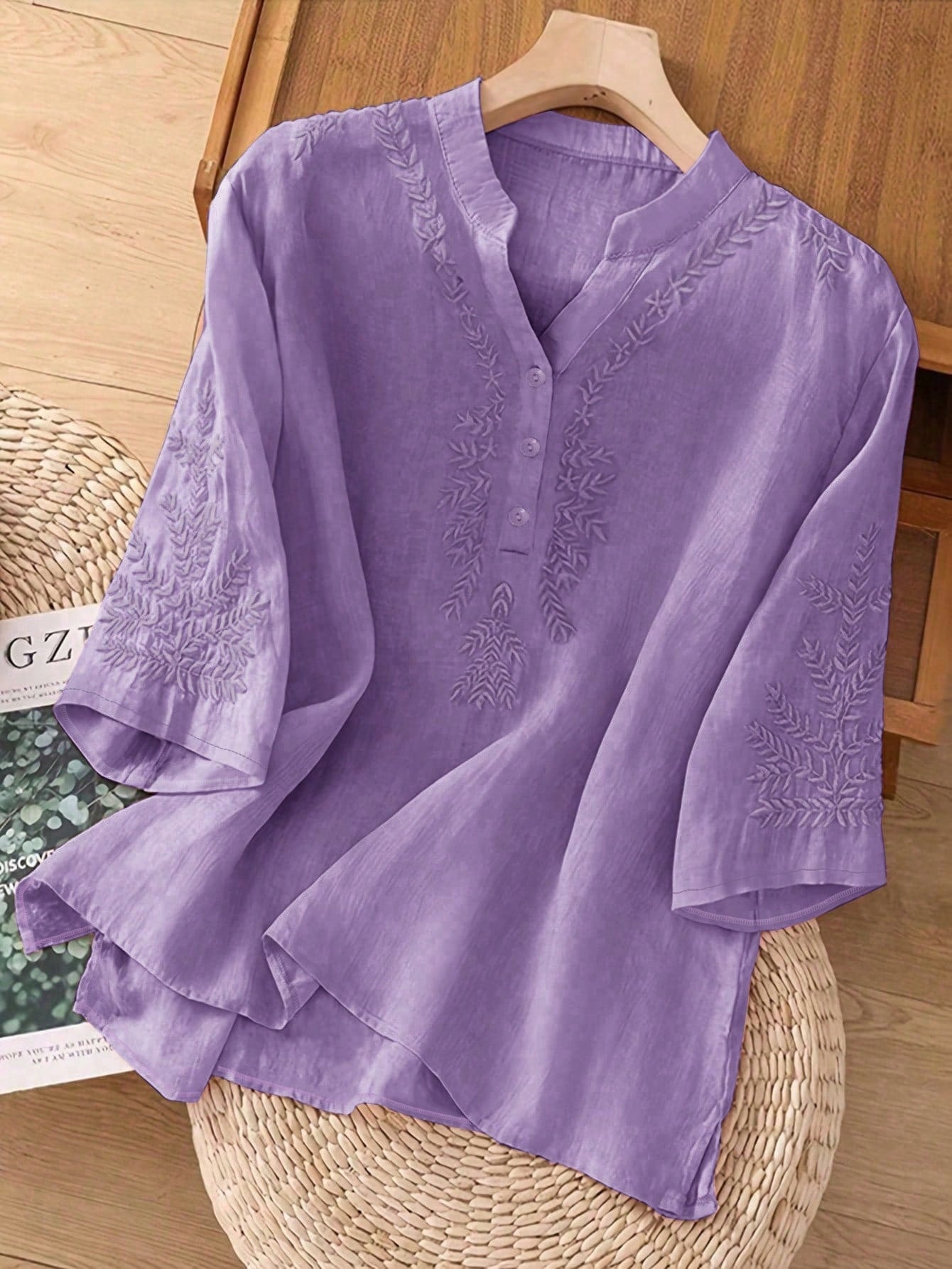 Women's Elegant Vintage Casual Artistic Embroidered Shirt, Solid Color Non-Positioned Embroidery Loose Casual Linen Boho Blouse Summer
