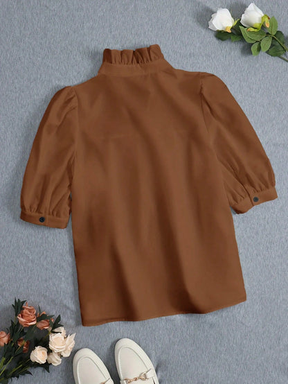 Women's Fashion Blouse, French Minimalist Retro 70s Puff Sleeve Top, Casual Office Teacher Daily Wear, Spring/Summer