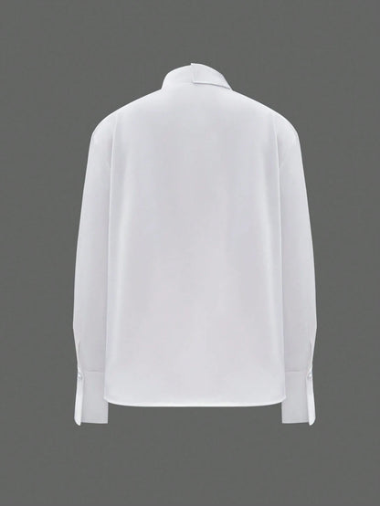 Women's Fashion Hollow Out Lapel Loose Long Sleeve Blouse, Solid Color Woven Fabric, Casual For Office, Daily Wear, Date, Spring/Autumn White Summer