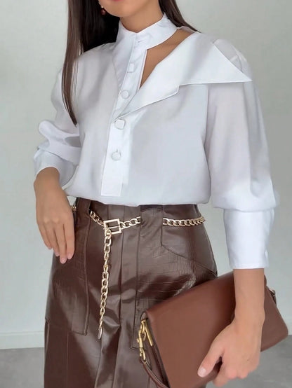 Women's Fashion Hollow Out Lapel Loose Long Sleeve Blouse, Solid Color Woven Fabric, Casual For Office, Daily Wear, Date, Spring/Autumn White Summer