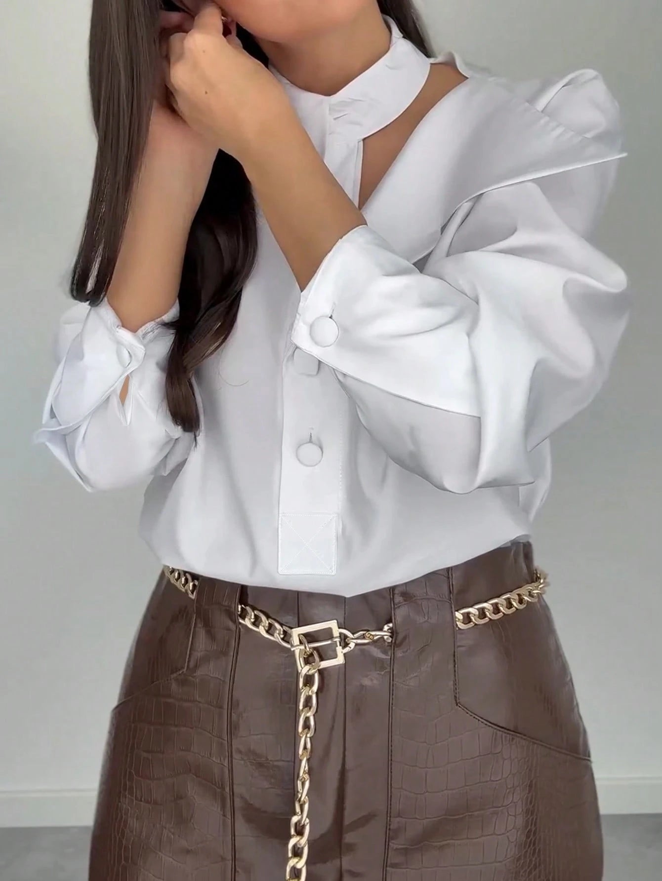 Women's Fashion Hollow Out Lapel Loose Long Sleeve Blouse, Solid Color Woven Fabric, Casual For Office, Daily Wear, Date, Spring/Autumn White Summer